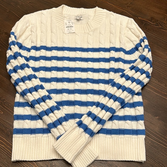 J Crew Factory Striped Cable Sweater Ivory & Blue 100% Cotton Size M. NWT - Picture 3 of 11